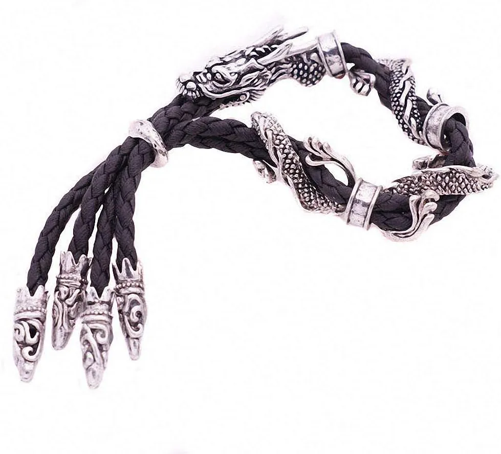 Antique Silver Jewelry Vintage Stylish Red Rope Crystal Rhinestone Dragon Bracelets Bangles for Women