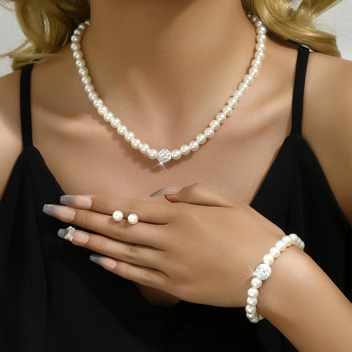 Aonklot Elegant Pearl Drop Earrings and Layered Necklace Set Chunky Bridal Jewelry for Weddings Gifts Special Occasion Accessories