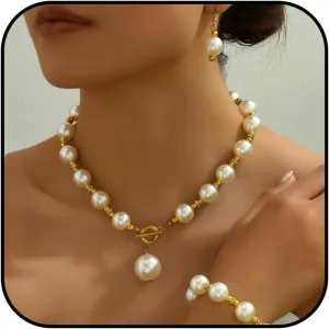 Aonklot Elegant Pearl Drop Earrings and Layered Necklace Set Chunky Bridal Jewelry for Weddings Gifts Special Occasion Accessories