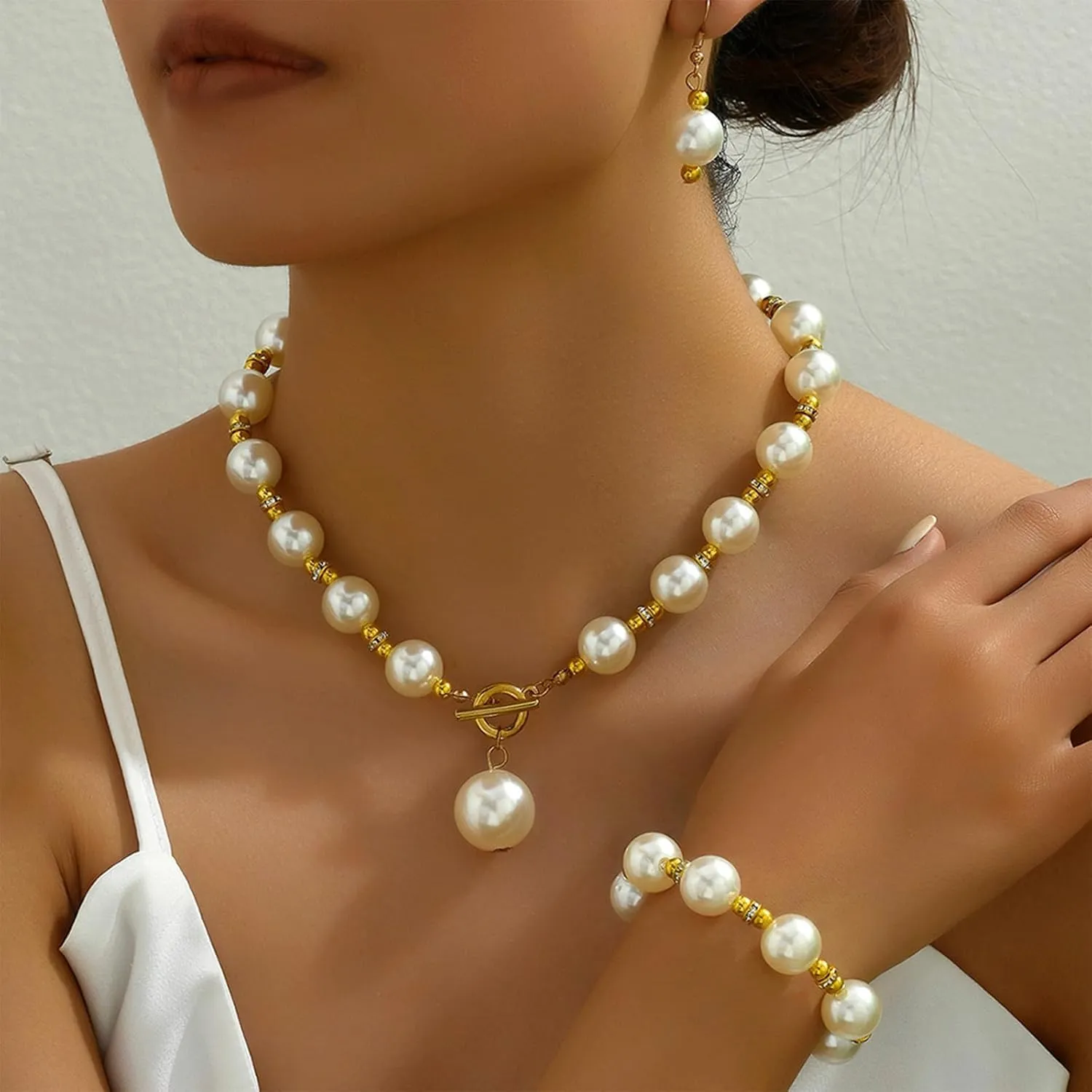 Aonklot Elegant Pearl Drop Earrings and Layered Necklace Set Chunky Bridal Jewelry for Weddings Gifts Special Occasion Accessories