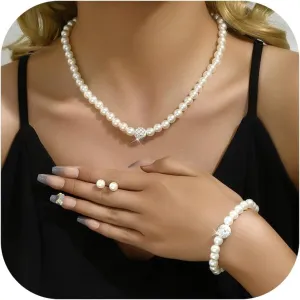 Aonklot Elegant Pearl Drop Earrings and Layered Necklace Set Chunky Bridal Jewelry for Weddings Gifts Special Occasion Accessories