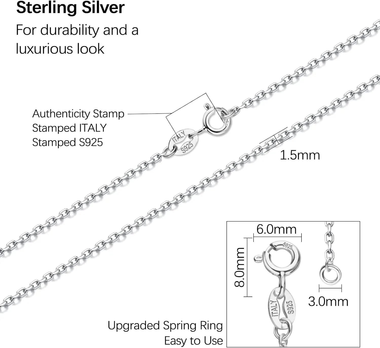 ASHINE 925 Sterling Silver & 14K Gold Plated Spring Ring Clasp 1.5mm Italian Chain - Necklace Available in 16, 18, 20, 22, 24, 26, 30 Inches