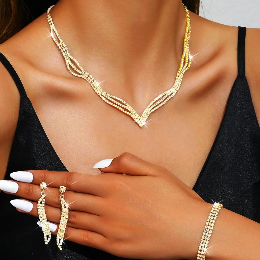 Aukmla Rhinestones Bridal Jewelry Set Silver Sparkly Bride Wedding Necklace Earrings Bracelet Sets Prom Jewelry for Women
