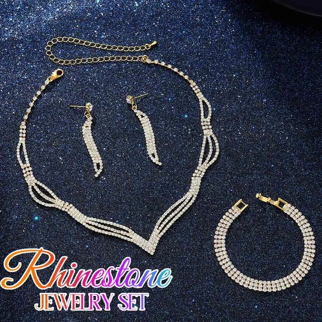 Aukmla Rhinestones Bridal Jewelry Set Silver Sparkly Bride Wedding Necklace Earrings Bracelet Sets Prom Jewelry for Women