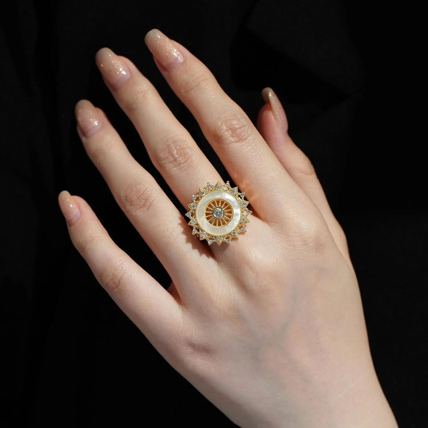 Aura & lrena Vintage Sunburst Mother of Pearl Adjustable Ring  Gold & Silver Statement Jewelry for Women, Dazzling Zirconia Open Band