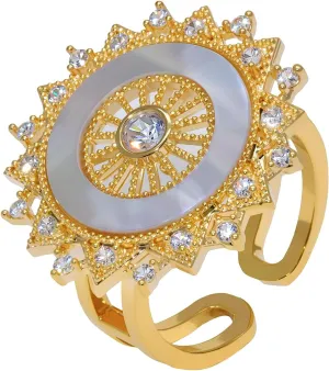 Aura & lrena Vintage Sunburst Mother of Pearl Adjustable Ring  Gold & Silver Statement Jewelry for Women, Dazzling Zirconia Open Band