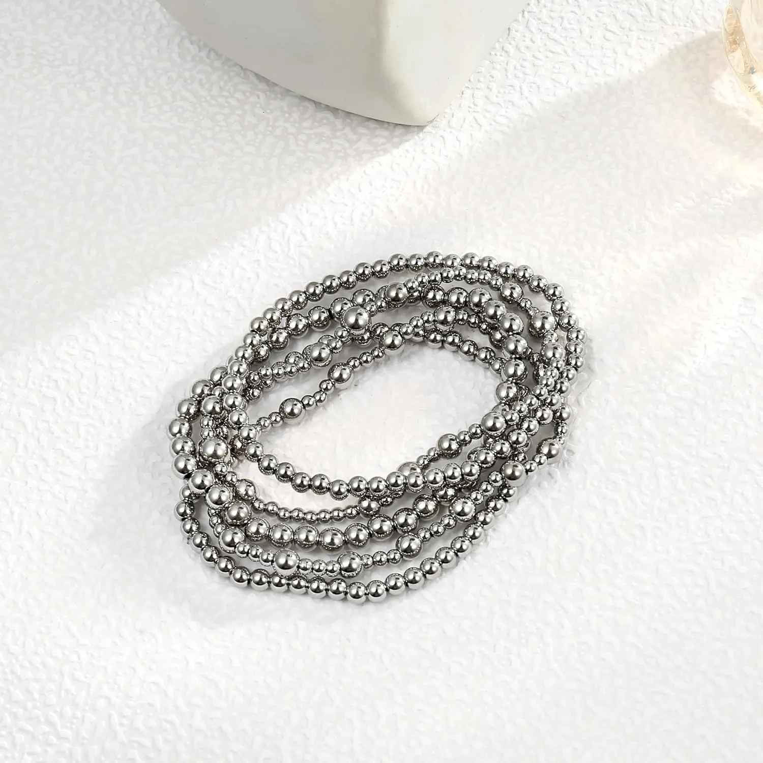 Badu Silver Beaded Bracelets for Women no tarnish Silver plated Stackable Bead Ball Bracelet Stretchable Elastic Hypoallergenic Trendy