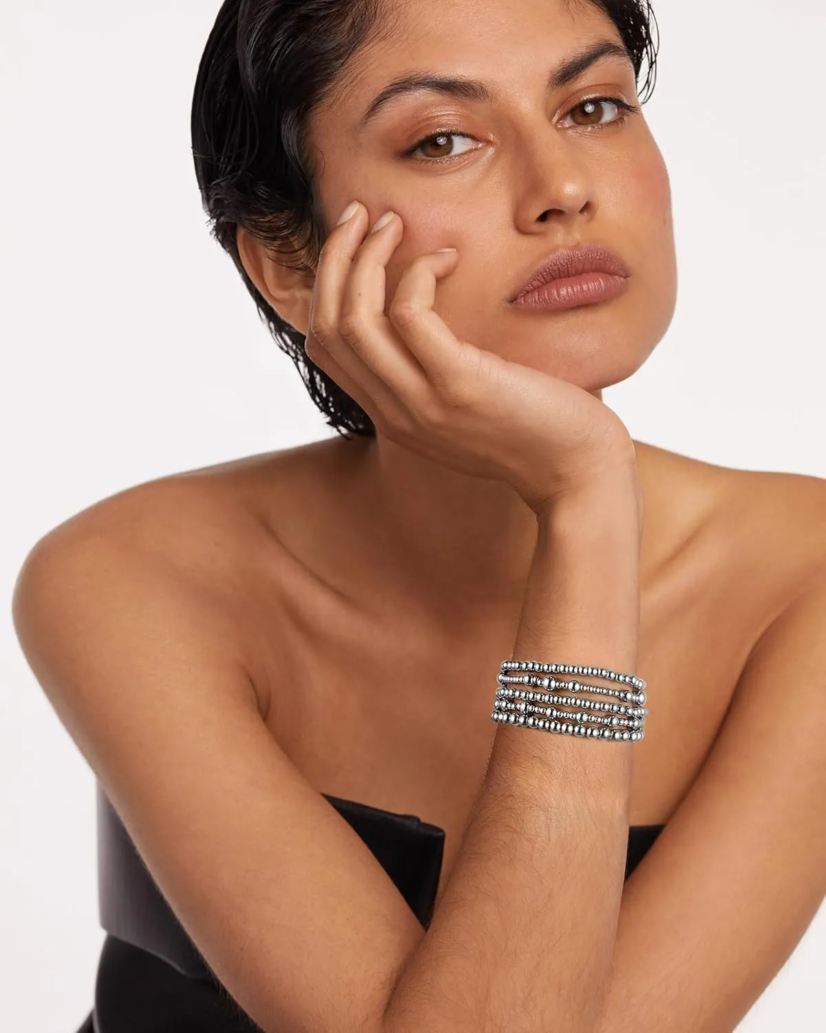 Badu Silver Beaded Bracelets for Women no tarnish Silver plated Stackable Bead Ball Bracelet Stretchable Elastic Hypoallergenic Trendy