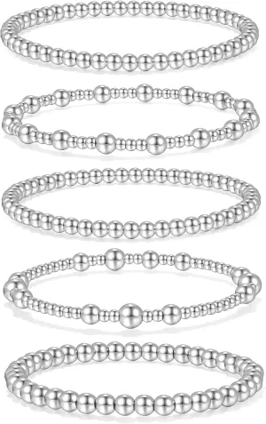 Badu Silver Beaded Bracelets for Women no tarnish Silver plated Stackable Bead Ball Bracelet Stretchable Elastic Hypoallergenic Trendy