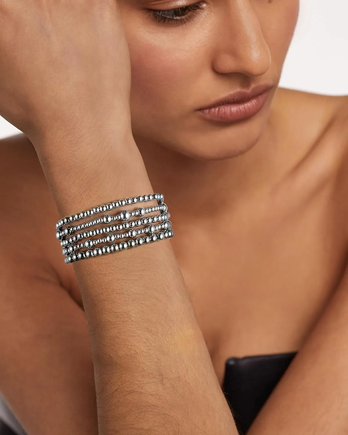 Badu Silver Beaded Bracelets for Women no tarnish Silver plated Stackable Bead Ball Bracelet Stretchable Elastic Hypoallergenic Trendy