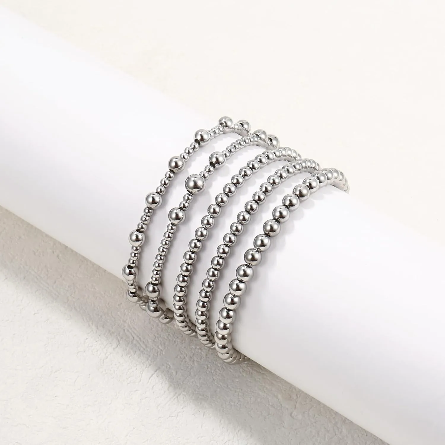 Badu Silver Beaded Bracelets for Women no tarnish Silver plated Stackable Bead Ball Bracelet Stretchable Elastic Hypoallergenic Trendy
