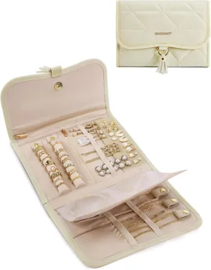 BAGSMART Travel Jewelry Case Organizer, Roll Foldable Jewelry Case for Journey-Rings, Necklaces, Earrings, Bracelets, Brooches, Portable Travel Essentials, Elegant Soft Beige
