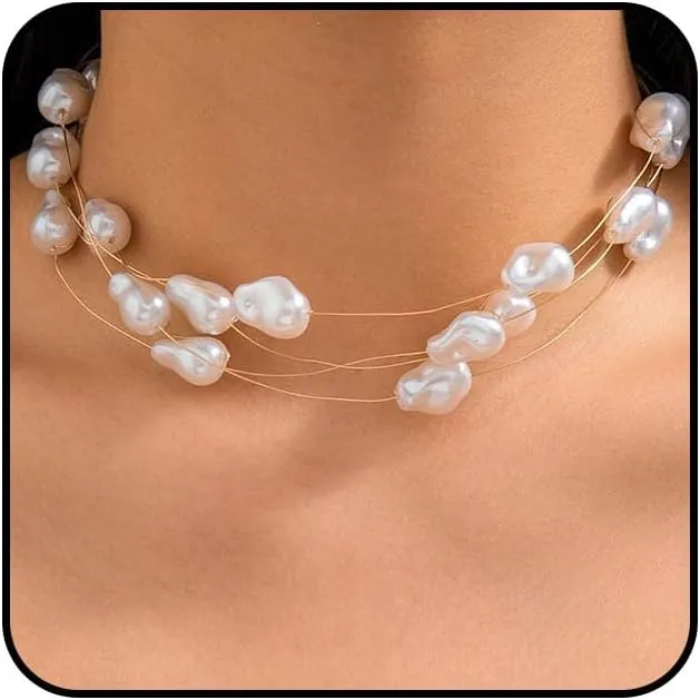 Baroque Irregular Layered Stackable Pearl Necklace for Women,Simple Multilayer Adjustable Choker Necklace,Stylish Wedding Jewelry Gifts for Her