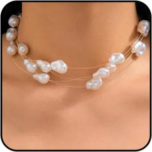 Baroque Irregular Layered Stackable Pearl Necklace for Women,Simple Multilayer Adjustable Choker Necklace,Stylish Wedding Jewelry Gifts for Her