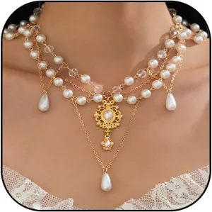 Baroque Pearl Necklace for Women Vintage Layered Pearl Choker Necklaces Tassel Pearl Pendant Necklace Wedding Prom Dress Jewelry