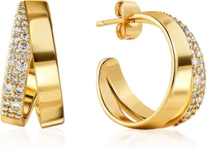 Barzel 18K Gold Plated Half Hoop Cubic Zirconia Earrings for Women - Made In Brazil