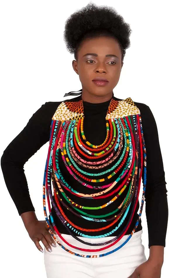 BAZINRICHE Women's Handmade Necklaces Ankara Kente Necklace Long Multi Strand African Wax Collar