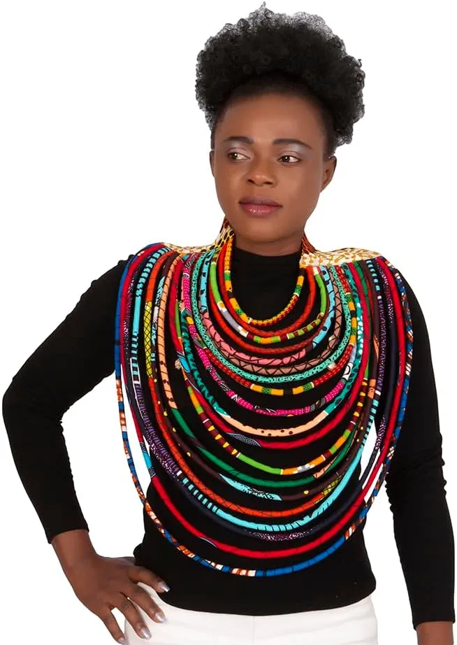 BAZINRICHE Women's Handmade Necklaces Ankara Kente Necklace Long Multi Strand African Wax Collar