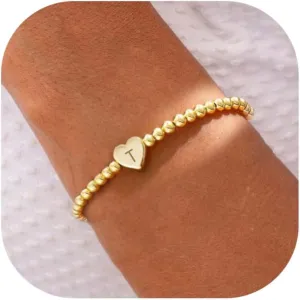 Beaded Bracelets for Women Dainty Heart Initial Bracelet Letter A-Z Charm Bracelet for Women Stretch Bead Ball Bracelet Trendy Jewelry Gifts