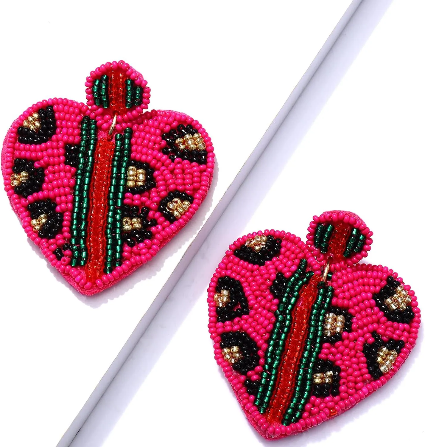 Beaded Dangle Earrings for Women Leopard Pattern Bead Heart Earrings Boho Statement Drop Earring Studs for Holiday Birthday Valentines Day Gifts