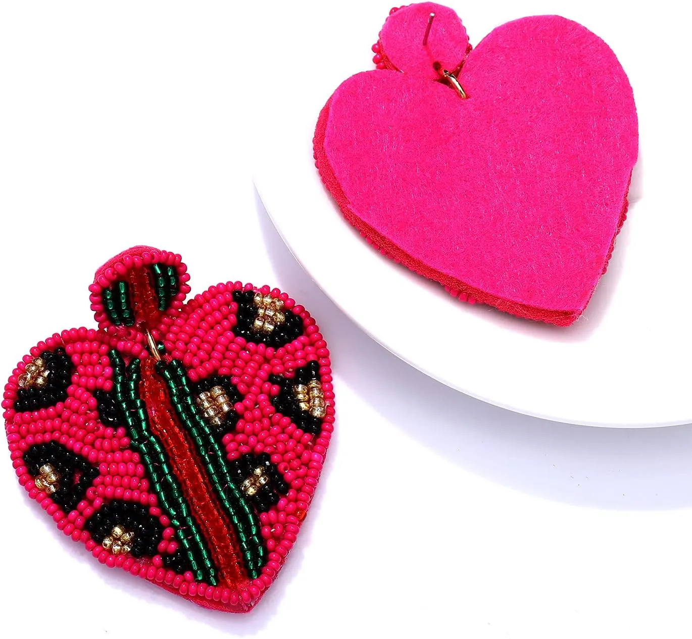 Beaded Dangle Earrings for Women Leopard Pattern Bead Heart Earrings Boho Statement Drop Earring Studs for Holiday Birthday Valentines Day Gifts
