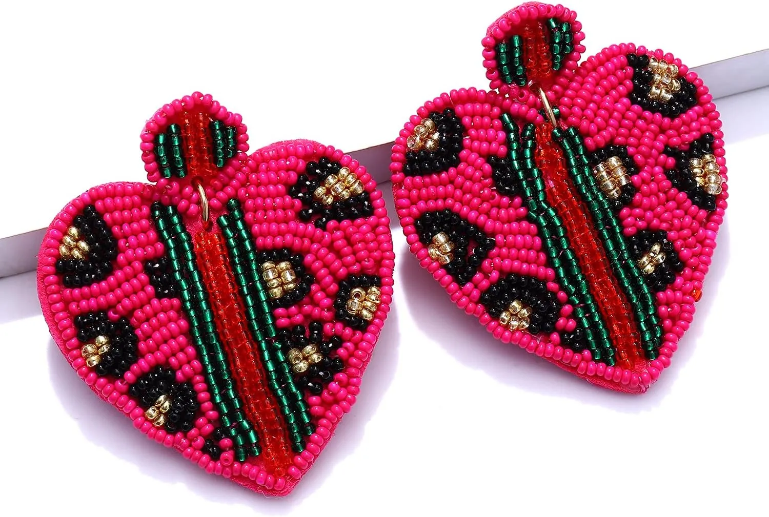 Beaded Dangle Earrings for Women Leopard Pattern Bead Heart Earrings Boho Statement Drop Earring Studs for Holiday Birthday Valentines Day Gifts