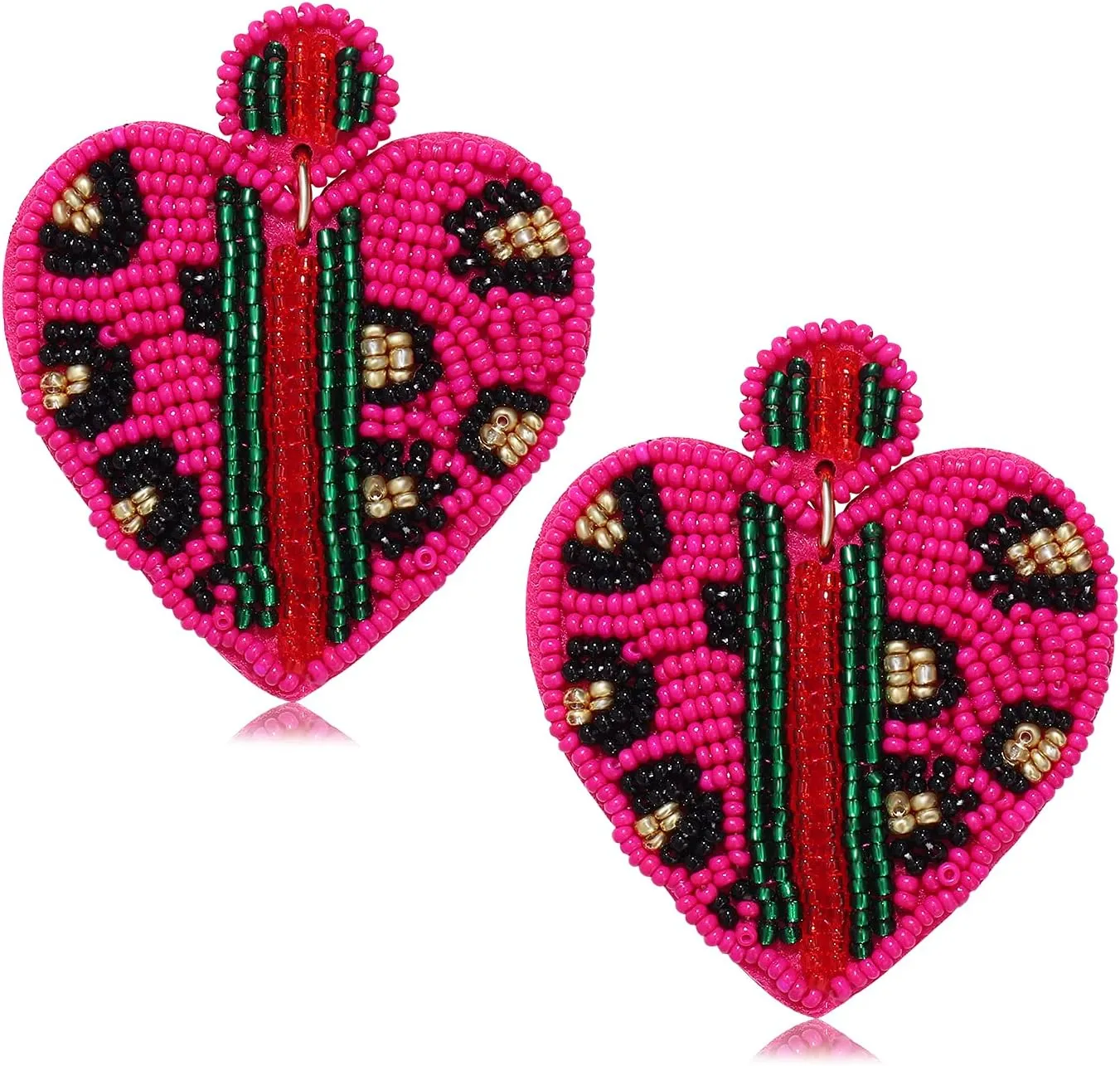 Beaded Dangle Earrings for Women Leopard Pattern Bead Heart Earrings Boho Statement Drop Earring Studs for Holiday Birthday Valentines Day Gifts