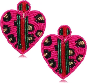 Beaded Dangle Earrings for Women Leopard Pattern Bead Heart Earrings Boho Statement Drop Earring Studs for Holiday Birthday Valentines Day Gifts