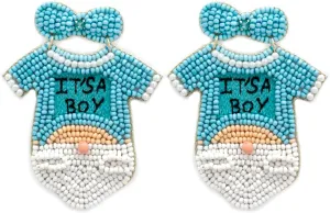 Beaded It's a Boy Post Earrings Handmade Baby Shower Onesie Mom Blue (Blue)