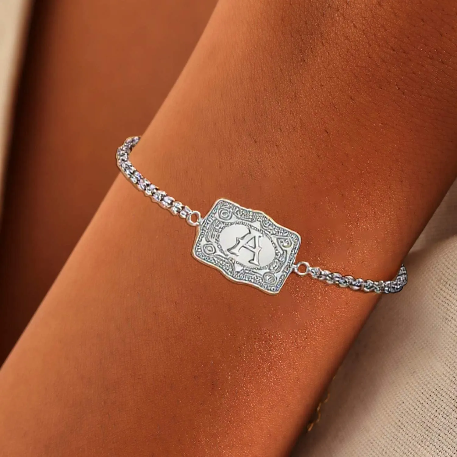 Belt Buckle Initial Bracelet for Women,Chunky Silver Embossed Belt Buckle Bracelet with Initial Letter A-Z Charm Bracelets,Personalized Rodeo Cowboy Country Western Jewelry Accessories