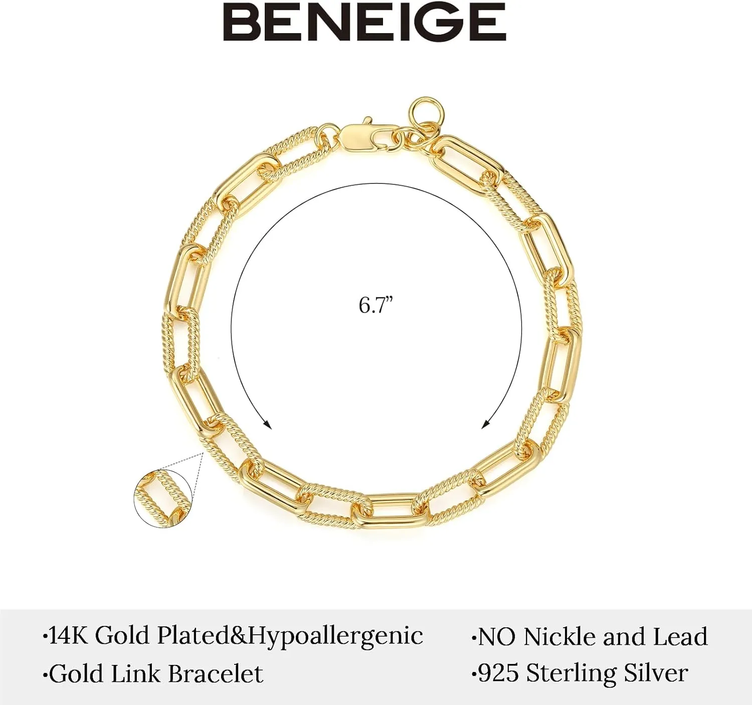 BENEIGE Women Bracelet 14K Gold Plated Paperclip Satellite Bead Ball Oval Cuba Cable Box Chain Daily Charm Layered Link Silver Bracelets Adjustable Jewelry
