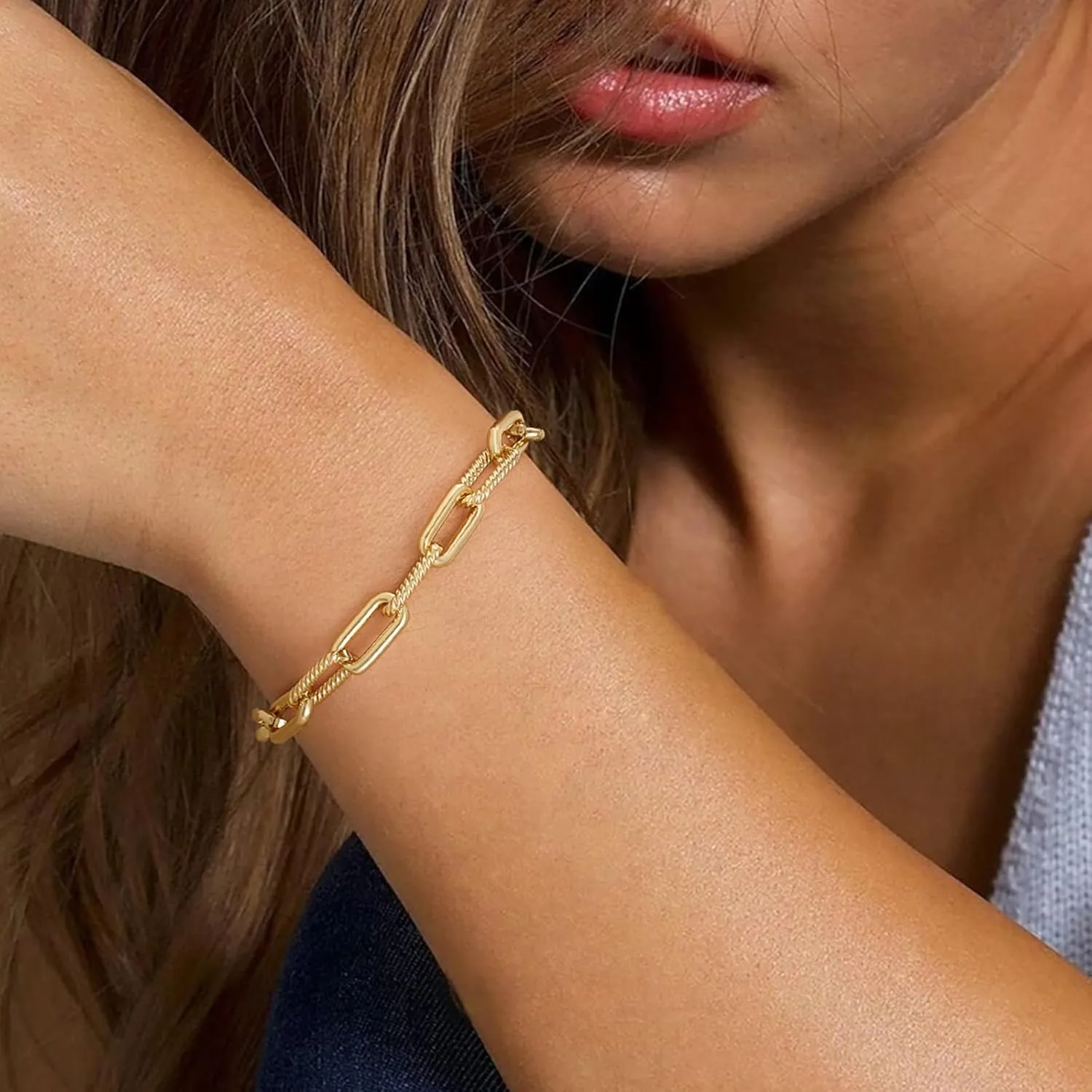 BENEIGE Women Bracelet 14K Gold Plated Paperclip Satellite Bead Ball Oval Cuba Cable Box Chain Daily Charm Layered Link Silver Bracelets Adjustable Jewelry