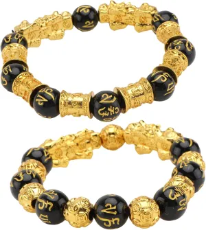 BESTYASH 2pcs Black Obsidian Jade Bead Bracelet Buddhist Auspicious Men's Jewelry Bangles for Party