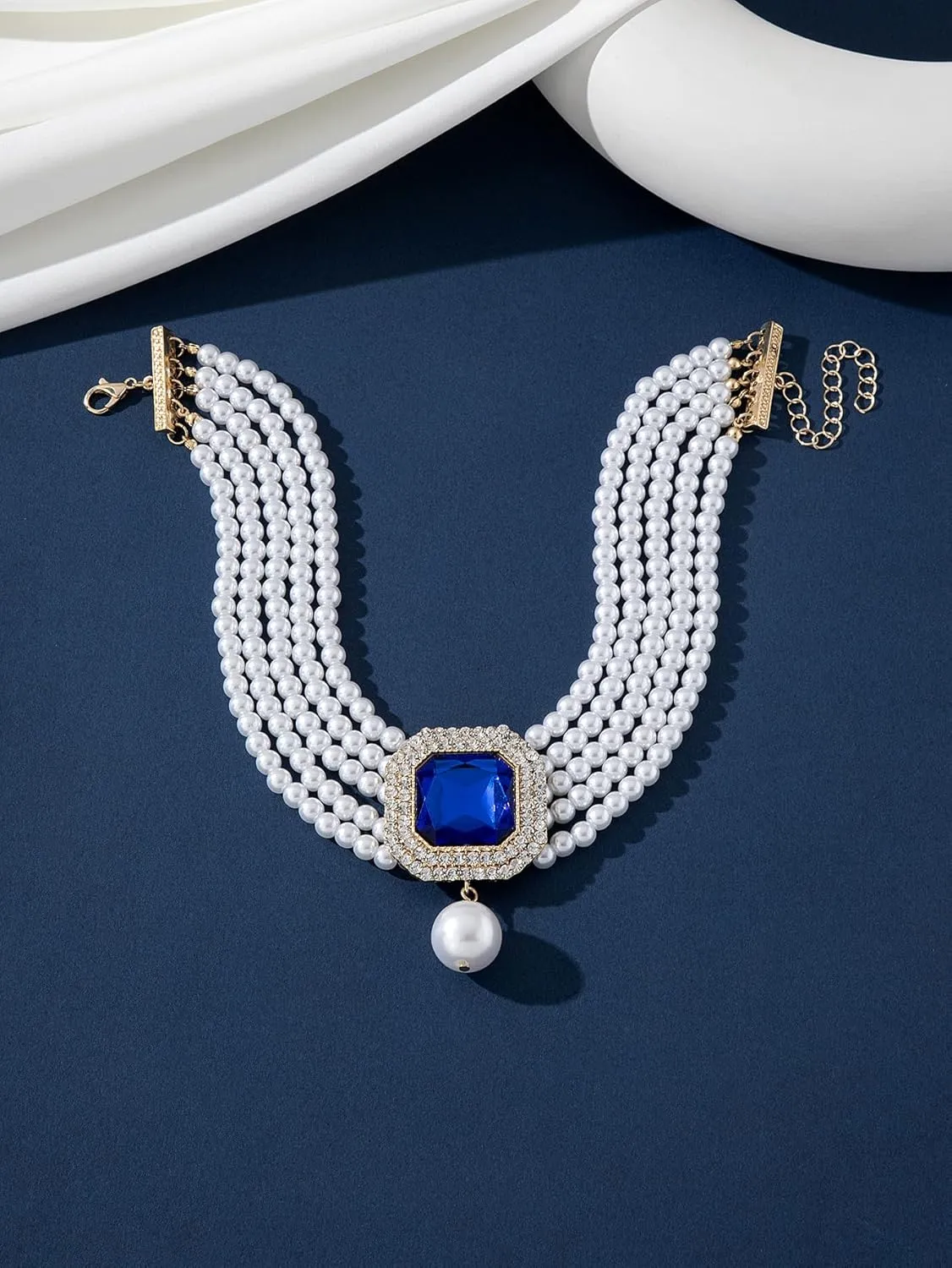Bethynas Vintage Layered Pearl Strands Crystal Choker Necklace Baroque Pearl Rhinestones Flower Shape Pendant Short Necklace Chain Bridal Prom 1920s Costume Party Jewelry for Women