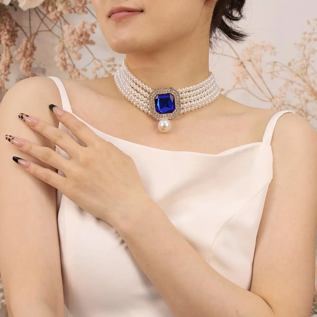 Bethynas Vintage Layered Pearl Strands Crystal Choker Necklace Baroque Pearl Rhinestones Flower Shape Pendant Short Necklace Chain Bridal Prom 1920s Costume Party Jewelry for Women