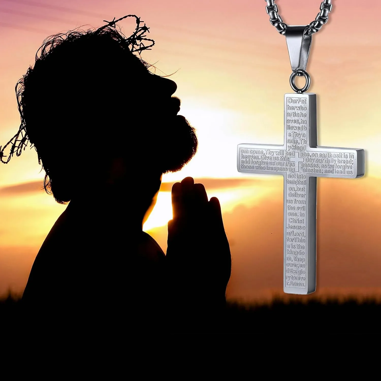Bible Cross Necklace Touchable Bible Text Pendant Cross Bible Verse Jewelry Lord's Prayer Pendant 3D Relief Text Crucifix Stainless Steel Religious Christian Faith Gifts for Men Women