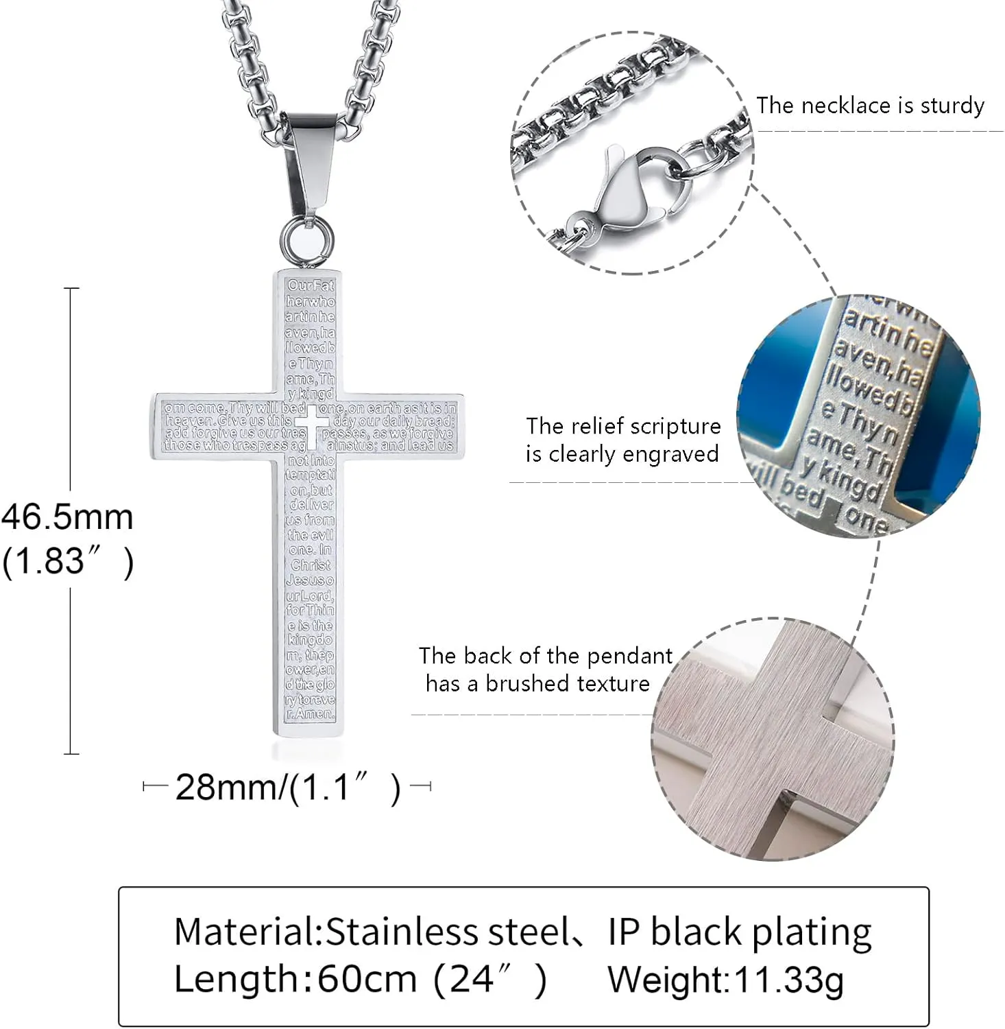 Bible Cross Necklace Touchable Bible Text Pendant Cross Bible Verse Jewelry Lord's Prayer Pendant 3D Relief Text Crucifix Stainless Steel Religious Christian Faith Gifts for Men Women
