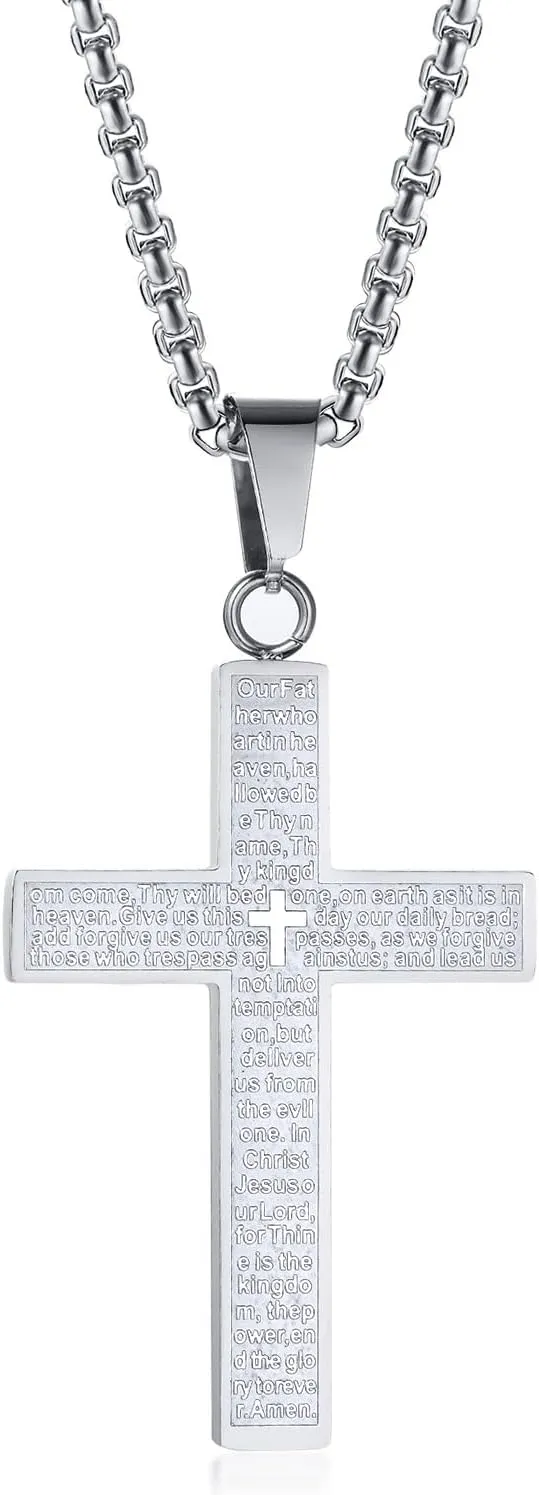 Bible Cross Necklace Touchable Bible Text Pendant Cross Bible Verse Jewelry Lord's Prayer Pendant 3D Relief Text Crucifix Stainless Steel Religious Christian Faith Gifts for Men Women