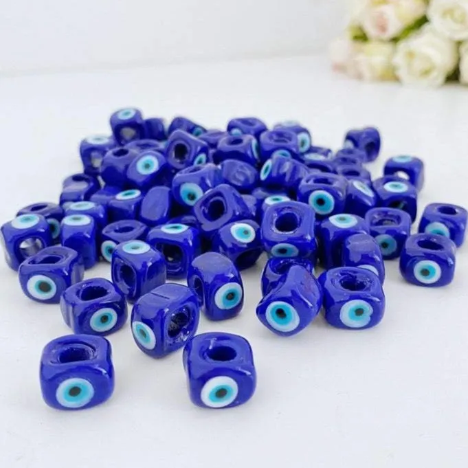 Big Evil Eye Cube Beads - Blue Glass DIY Jewelry Supplies - 5 pcs - Lucky Symbol Cube Beads - Nazar Boncuk - Greek Evil Eye