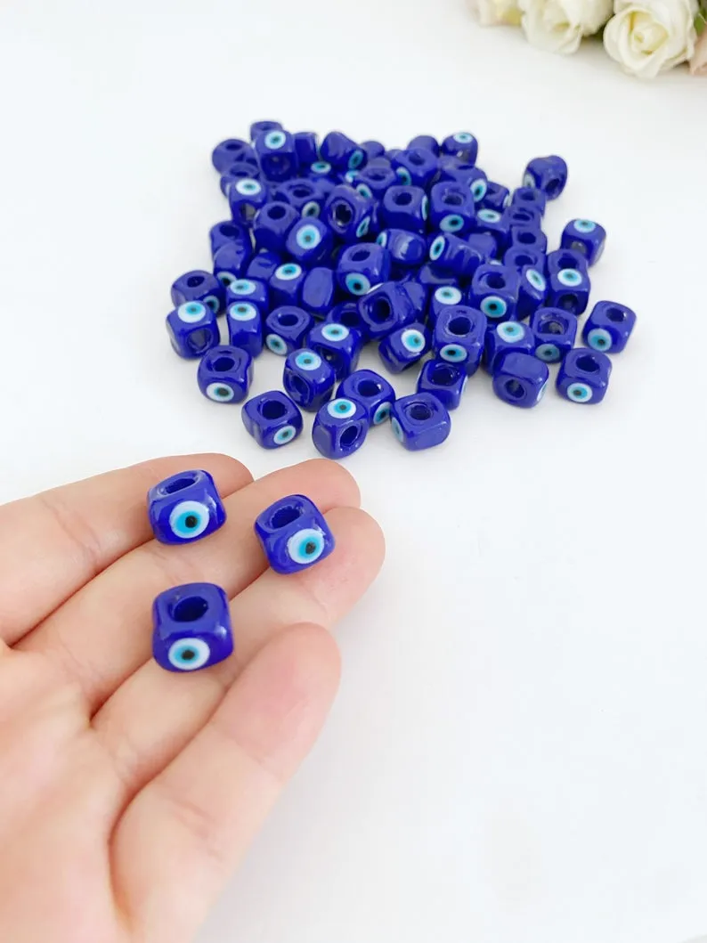 Big Evil Eye Cube Beads - Blue Glass DIY Jewelry Supplies - 5 pcs - Lucky Symbol Cube Beads - Nazar Boncuk - Greek Evil Eye