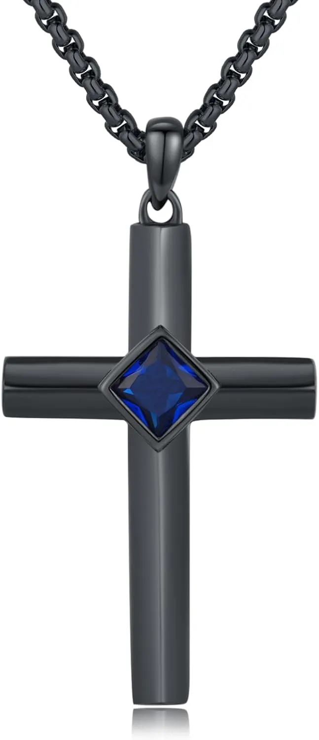 Black Cross Necklace S925 Sterling Silver Blue Zircon Cross Pendant Necklaces Jewelry for Men Women