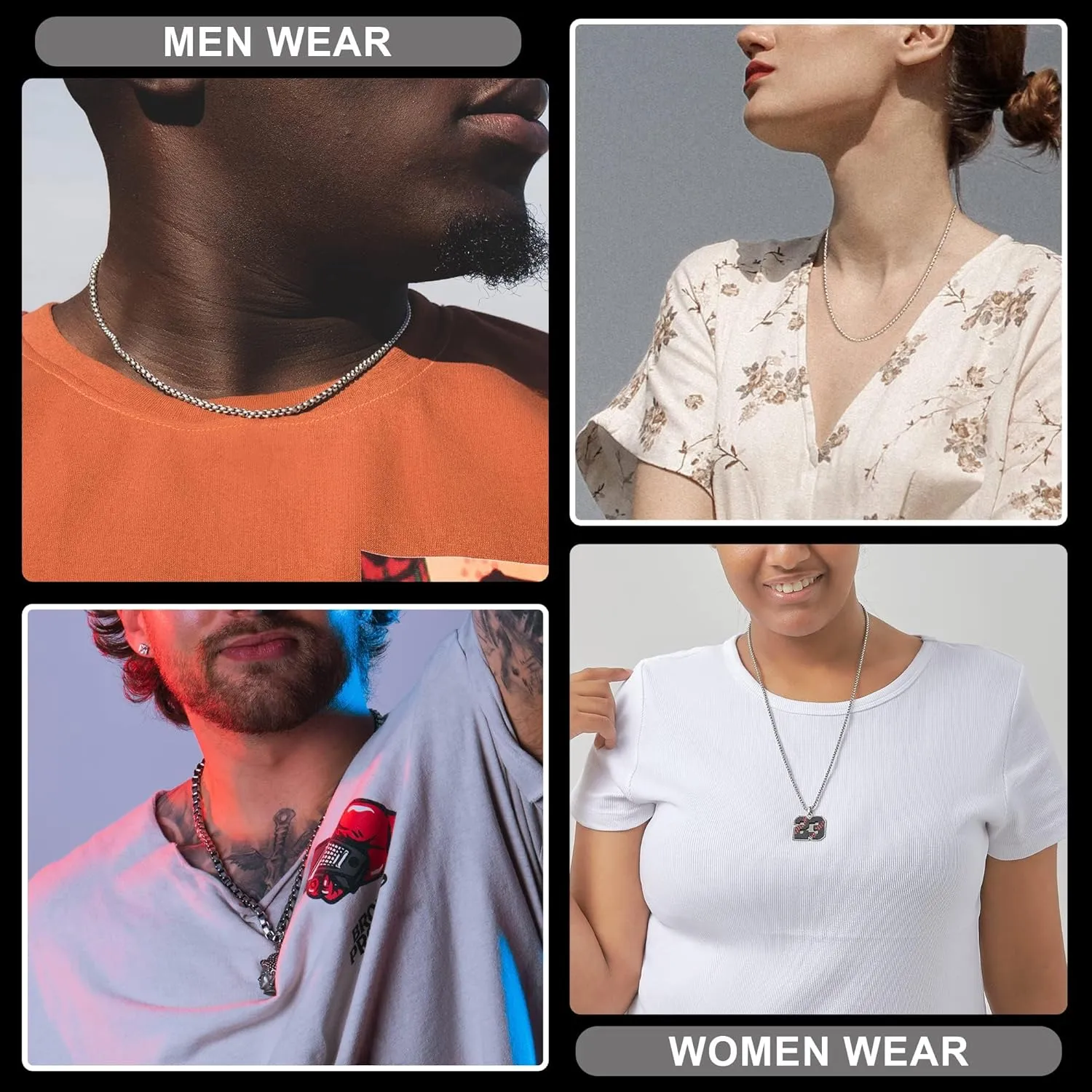 Black Square Rolo Chain Stainless Steel Round Box Chain Necklace Men Women