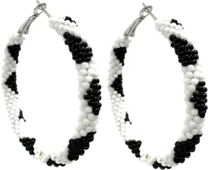 Black White Pattern Seed Beaded Hoop Earrings