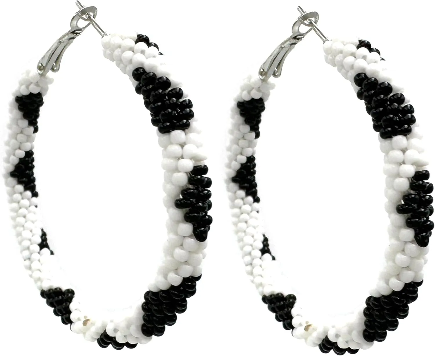 Black White Pattern Seed Beaded Hoop Earrings