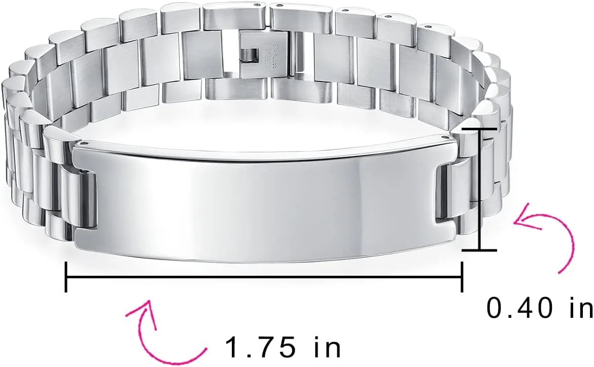 Bling Jewelry Personalize Customizable Silver Tone Stainless Steel ID Bracelet Watchband Name Plated Identification for Men Sizes 8 8.5