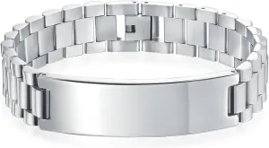 Bling Jewelry Personalize Customizable Silver Tone Stainless Steel ID Bracelet Watchband Name Plated Identification for Men Sizes 8 8.5