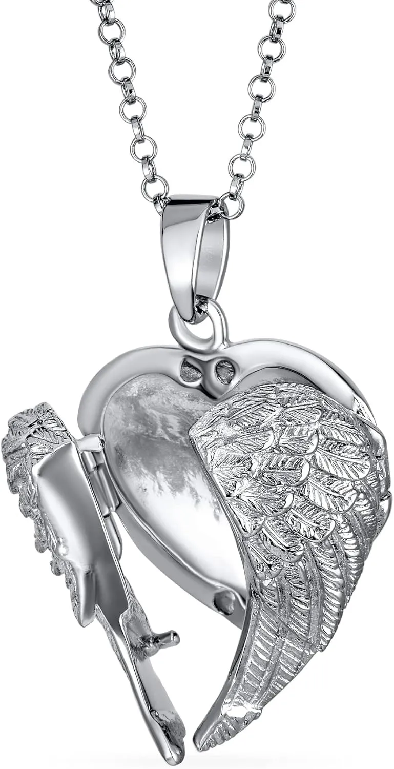 Bling Jewelry Personalize Plain Dome Protection Guardian Angel Wing Feathered Heart Shaped Keepsake Locket For Women Teens Holds Photos Pictures .925 Silver Necklace Pendant Customizable