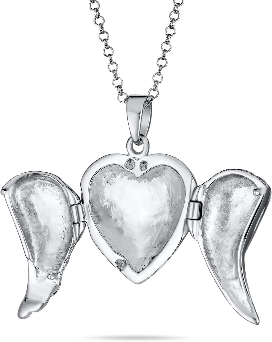 Bling Jewelry Personalize Plain Dome Protection Guardian Angel Wing Feathered Heart Shaped Keepsake Locket For Women Teens Holds Photos Pictures .925 Silver Necklace Pendant Customizable