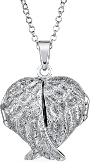Bling Jewelry Personalize Plain Dome Protection Guardian Angel Wing Feathered Heart Shaped Keepsake Locket For Women Teens Holds Photos Pictures .925 Silver Necklace Pendant Customizable