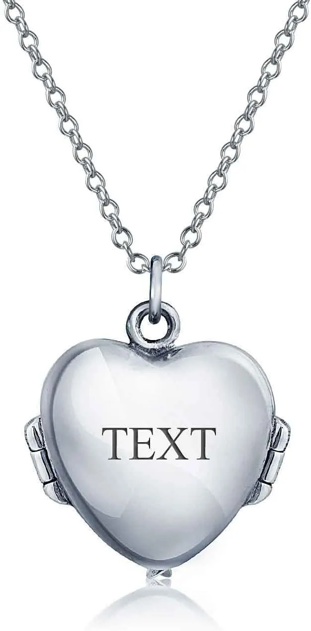 Bling Jewelry Personalize Plain Dome Protection Guardian Angel Wing Feathered Heart Shaped Keepsake Locket For Women Teens Holds Photos Pictures .925 Silver Necklace Pendant Customizable